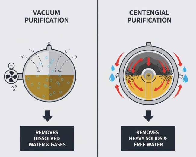 Infographic comparing Vacuum vs Centrifugal Oil Purifier technologies for industrial oil decontamination
